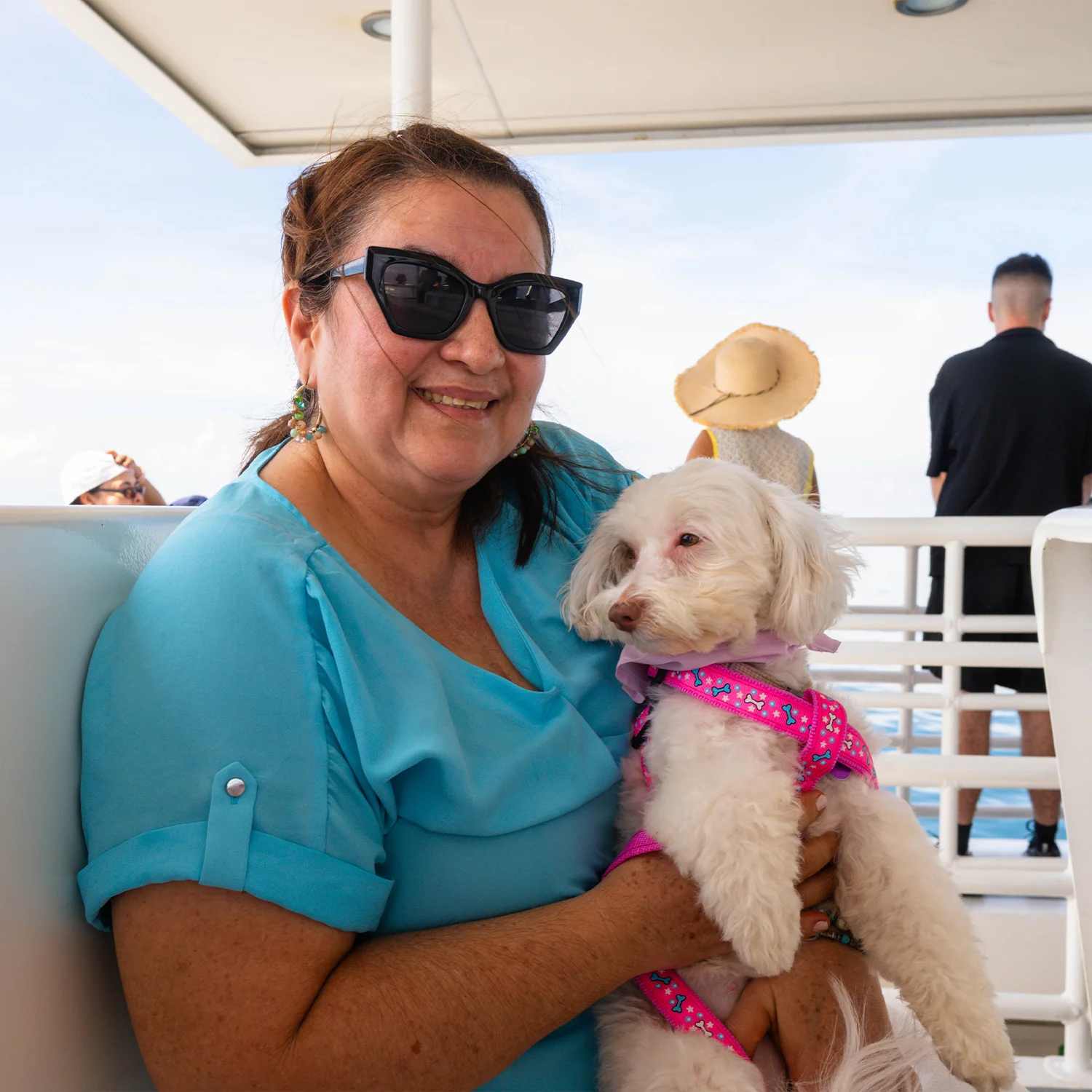 Perro viajando con su dueño en la cubierta del ferry
